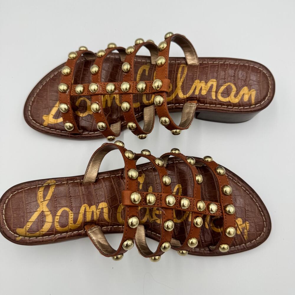 Sam Edelman Juniper Studded Gladiator Slide Sandal Brown Leather Gold 8.5 38.5 - Picture 8 of 15